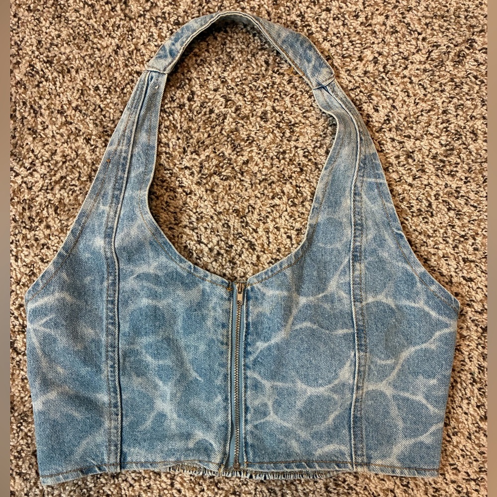 Women Forever 21 blue denim halter top with zipper detail Size L #denim